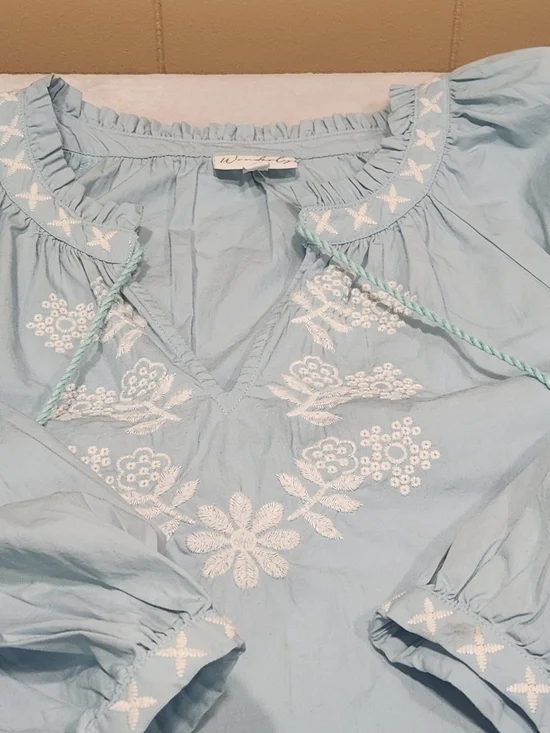 Wonderly Mint Boho Peasant Top - White Floral Embroidery & Tassels Large - Picture 7 of 16